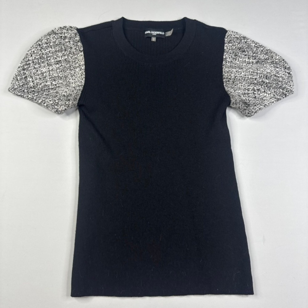 Karl Lagerfeld Paris Ribbed Knit Top Women Medium Black Tweed Puff‎ Sleeve